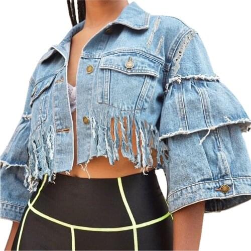 Plus Size Streetwear Ripped Denim Jacket Women 2020 Spring Autumn Loose Flare Sleeve Jean Jacket Crop Coat Outerwear Female 3XL