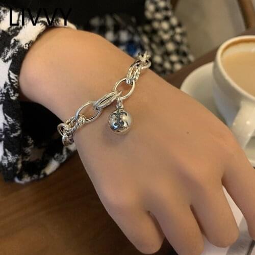 LIVVY Thai Silver Color Minimalist Ball Pendant Thick Chain Bracelet Female Unique Design Retro Temperament Fashion Jewelry