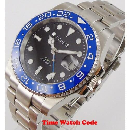 Parnis 40mm Automatic Mens wristwatch black dial blue GMT sapphire glass magnifier bracelet Date display ceramic bezel Luminous
