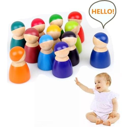 Montessori Set Of 12 Rainbow Friends Peg Dolls Wooden Pretend Play People Figures Baby Toy Environmental Safety Paint 77HD
