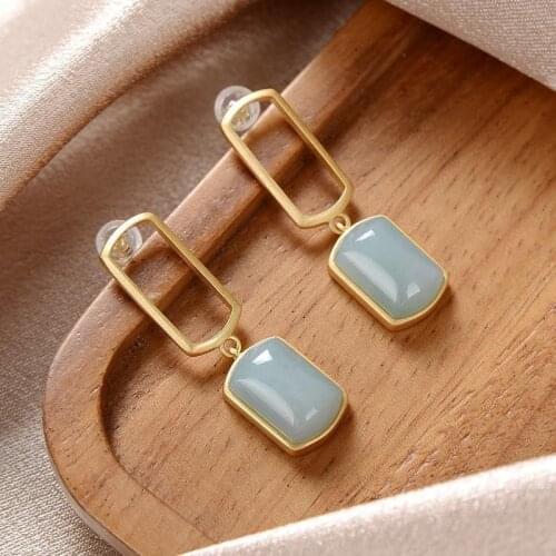 New silver inlaid natural Hetian white Chalcedony geometric Square Earrings Chinese style retro minority charm womens jewelry