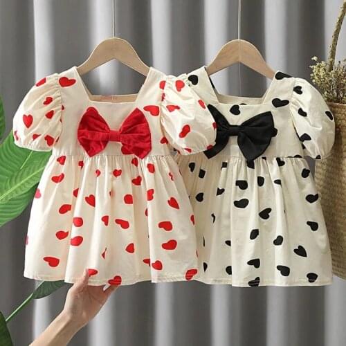 Baby Girls Dresses 2021 Summer Fashion Princess Girls Puff Sleeve Dress Sweet Heart Print Bow Dresses for Toddler Girls Clothes