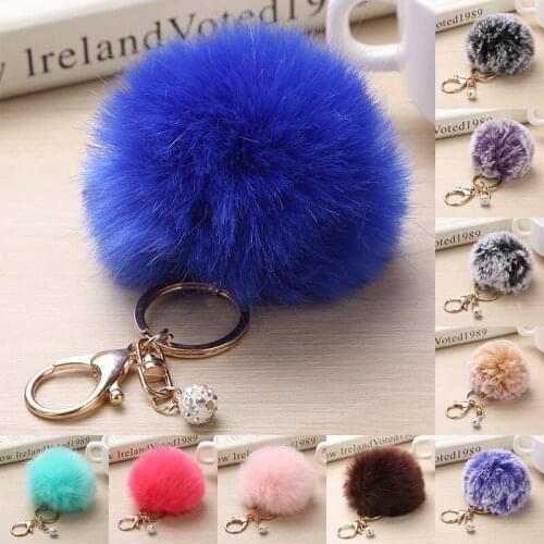 29 Colors Fluffy Fur Pom Pom Keychain Soft Faux Fur-like Ball Car Keyring Key Holder Women Bag Pendant Crystal Beads Key Chain
