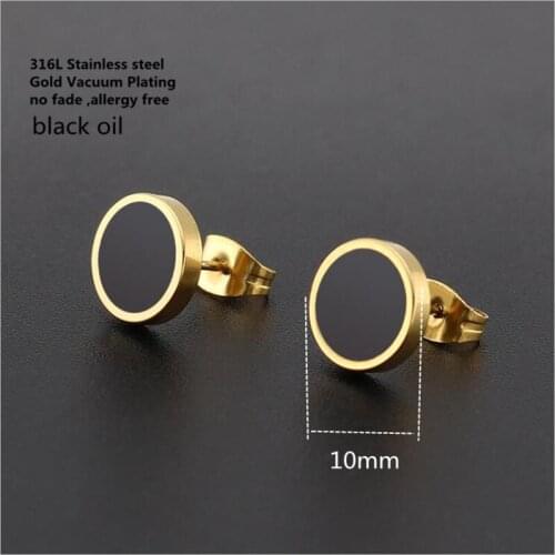 316 L Stainless Steel Titanium Brief Stud Earrings 6mm 10mm Black Oil Round Shape Gold-color Plating No Fade Allergy Free
