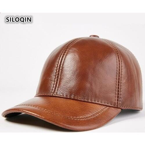 SILOQIN Adjustable Size Mens Warm Genuine Leather Hats Cowhide Leather Baseball Cap Autumn Winter Womens Ponytail Tongue Caps