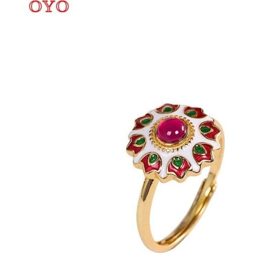 S925 silver jewelry enamel red corundum Ethnic style ring