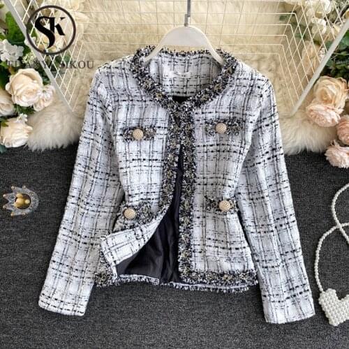 2020 Autumn Winter Women Plaid Tweed Jacket Short Coat Button O-Neck Long Sleeve Loose Jackets Ladies Casual Outerwear