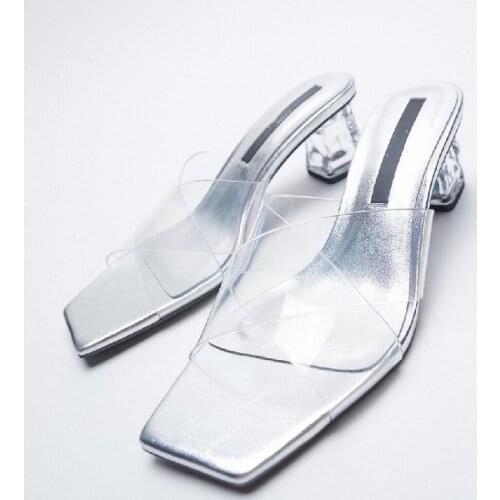 ZAR 2021 Summer New Transparent Cross Belt Fashion Square Toe Thick High Heels Sexy Crystal Muller Sandals And Slippers Women Lu