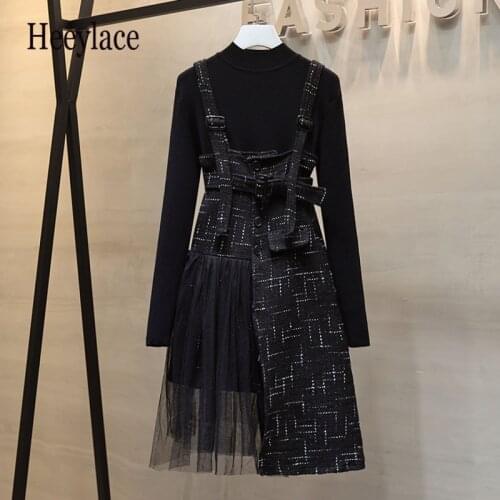 S-4XL Plus Size Elegant Women 2 Piece Set Autumn Knitted Sweater Tops + Mesh Patchwork Tweed Plaid Sling Belt Dress Suits
