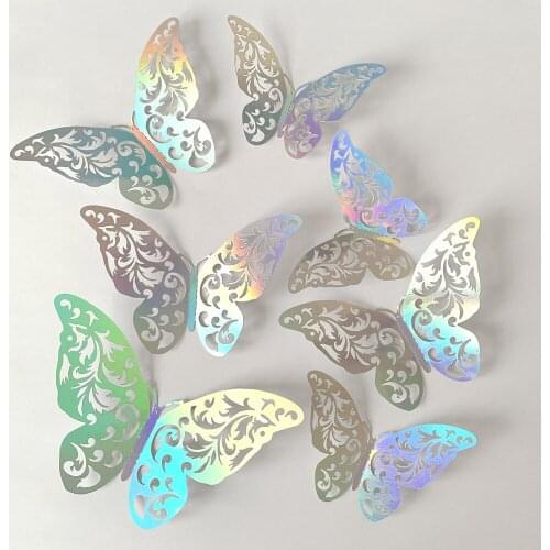 12Pcs/Lot Silver Iridescent Creative 3D Hollow Paper Butterfly Decals For Wedding Party Wall Window Door Home Decor Metal Stick