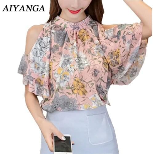 2018 New Print Chiffon Blouses Women Summer Sexy Off Shoulder Tops Slim Fashion Casual Ladies Shirts For Woman Pink Yellow