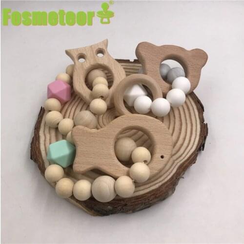 Fosmeteor Wooden Baby Bracelet Animal Shaped Jewelry Teething For Organic Wood Silicone Beads Baby Rattle Toys Accessories Gift