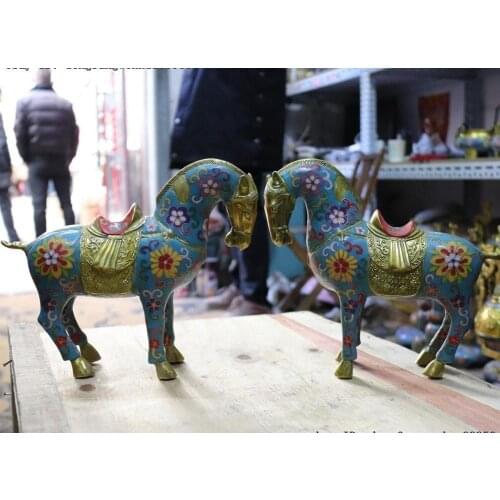 China Copper Cloisonne Enamel Gilt Zodiac Year Horse Horses Animal A Statue Pair