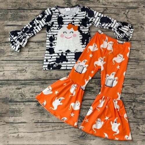 New arrival fall outfit for baby girl ruffle sleeve cute ghost pattern halloween sytle set