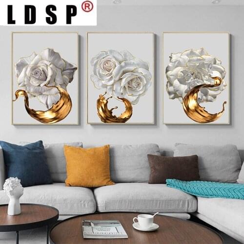 LDSP Abstract White Rose Flower Golden Ink Splash Poster Wall Art Plant Canvas Painting Modern Picture Living Room Home Decor