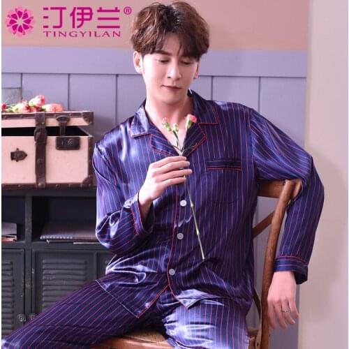 Mens Silk Sleepwear Long Sleeve Homewear Adult Leisure Nightwear Students Sleepsuit Plus Size Silk Nightsuit Men Pijama J002