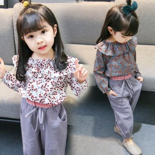 New Spring Autumn Kids Clothes Set Baby Girls Vintage Floral Doll Collar Shirts Tops+Loose Pants 2Pcs Casual Children Clothing
