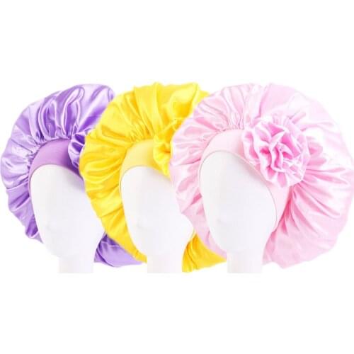 3pcs Solid Satin Bonnet Wide Stretch Band Long Hair Care Women Night Sleep Hat Adjust Hair Styling Cap Silk Head Wrap Shower Cap