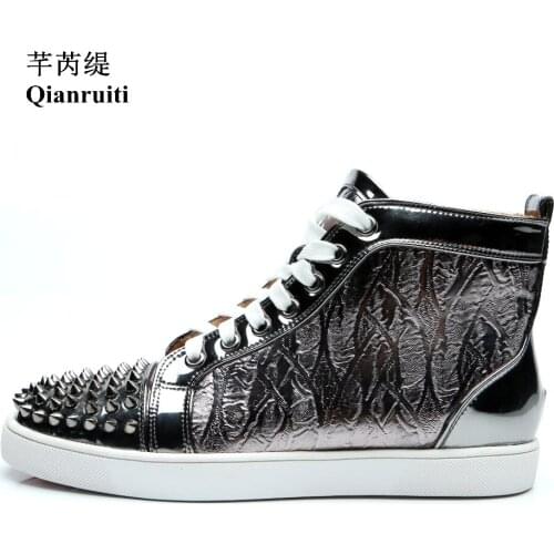 Qianruiti Men Casual Shoes High Top Sneakers Silver Grey Spike Sneaker Lace-up Rivet Flat Laser-cut High Top Curved Shoes