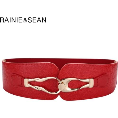 RAINIE SEAN Red Wide Women Belt Elastic Corset Ladies Belts for Dresses Genuine Leather Waist Belt Fashion Stretch Cummerbund