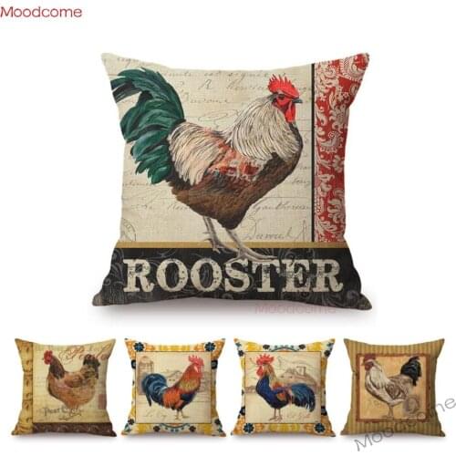 Retro Farm Animals Chicken Rooster Hen Home Decorative Art Cushion Cover Linen Vintage Sofa Throw Pillowcase Barn LiveStock