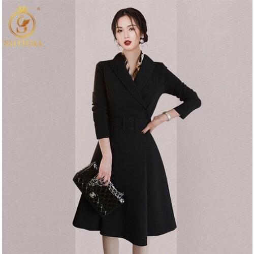 SMTHMA Womens New Autumn And Winter Notched Neck Pleated Dresses OL Elegant Work Wear Business Black Vestidos Free Belt