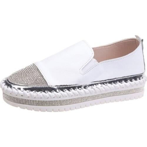 White Shoes Womens 2021 Spring Autumn New Platform Shoes Rhinestones Comfortable Loafers Lightweight Peas Shoes