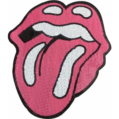 X- Large Pink Rolling Stones Tongue Design Sequin Patches Sew on Embroidered Appliqued Patches 32 x 28 cm DIY Sewing Accessories