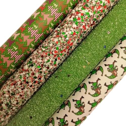 Green Glitter leather, Christmas Tress Elfs Printed Synthetic Faux Leather Sheets with Felt Backing For Bows DIY 21x29CM KM711