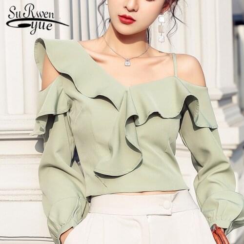 Korean Fashion Clothing Sexy Long Sleeve Off Shoulder Top Streetwear Irregular Blouse Casual Chiffon Ruffle Tops 8200 50