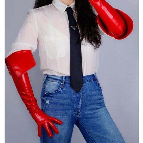 Women'a fashion sexy slim faux pu leather split glove ladys club performance formal party red long glove 65cm R2399