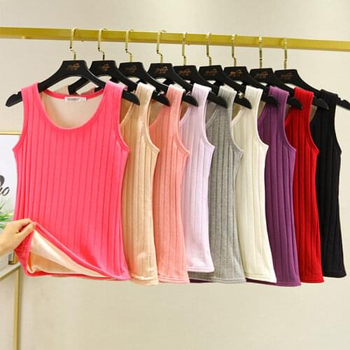 Womens Plus Velvet Thicken Vest Winter Thermal Underwear Sleeveless Bottoming Shirt Solid Color Stretch Slim-Fit Warm Tank Tops