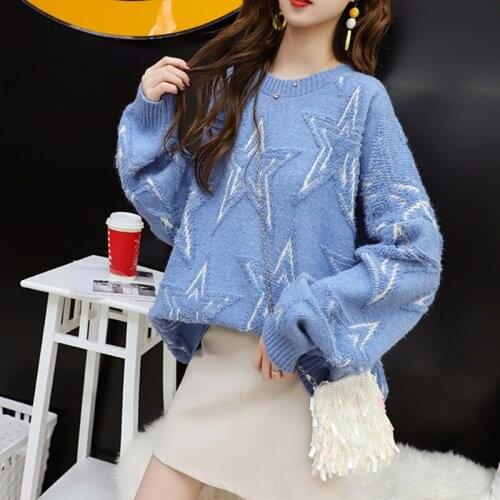 Five-pointed Stars Sweater Women New Long Sleeve O-neck Autumn Pullover Long Sleeve Loose Knitted Oversize Jumper Warm Outwear