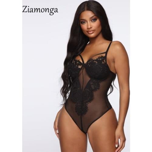 Ziamonga 2020 New Summer Women Sexy Bodysuit Black White Lace Transparent Party Club Mesh Playsuit Body For Women Short Jumpsuit