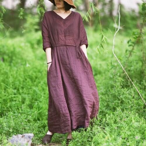 Johnature V-neck 2020 Spring New Cotton Linen Vintage Dress Women Loose Sashes Solid Color Long Sleeve Retro Ramie Dresses