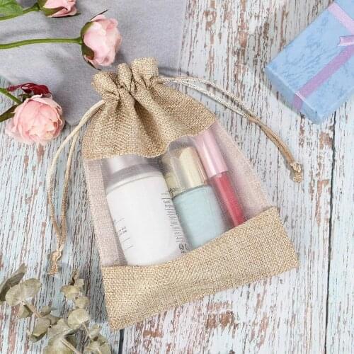 10/30/ PCS, burlap drawstring pocket with tulle window，jewelry/candy packaging, bulk food storage，customizable logo