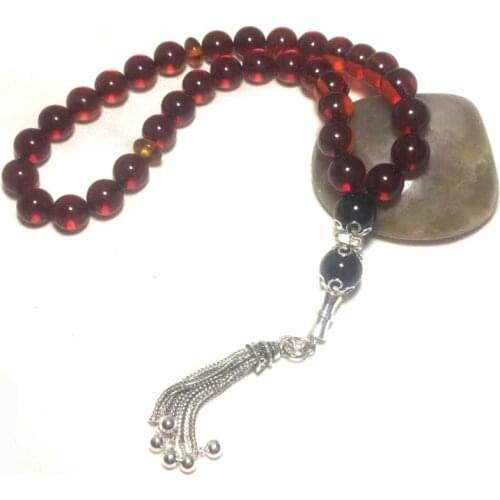 100% Natural Amber stone Blood Red 8.5mm Beads Muslim Taisbyha Rosary 925 Silver Accessories Free Shipping