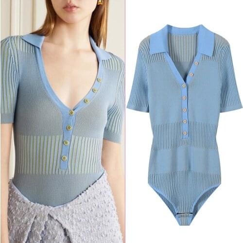 2020 Casual Knitted Women Summer Playsuit Slim Sexy deep v-neck Bodysuit Office Blue T-shirt Simple Pullover Top female JC477