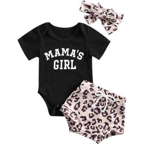 Summer Baby Girls Clothes 3pcs Cotton Casual Letter Print Romper+Leopard Shorts+Headband Toddler Infant Outfits Fashion New