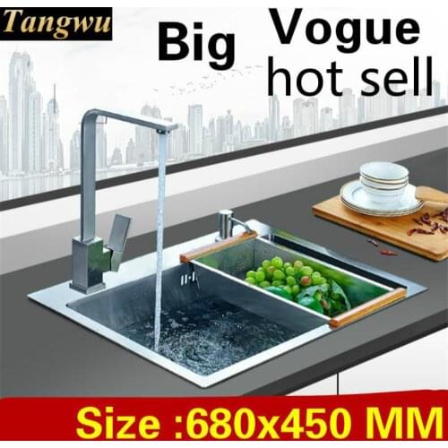 Free shipping Luxury big kitchen manual sink single trough high capacity wash vegetables 304 stainless steel 680x450 MM