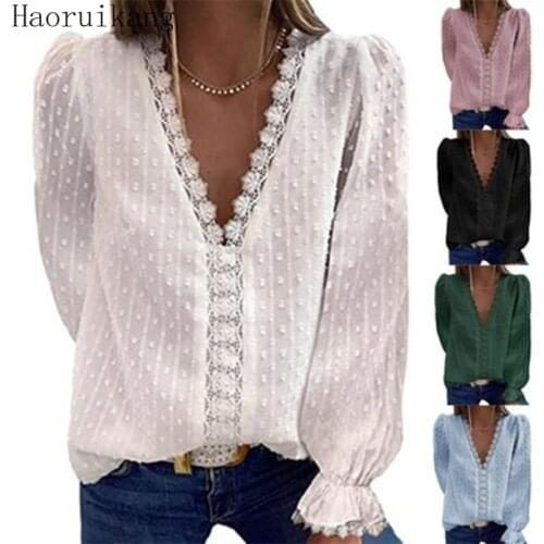 Spring New Women Blouses Chiffon V Neck Long Sleeve Blouse Autumn Hollow Out Lace Ladies Shirts Solid Woman Shirt Tops