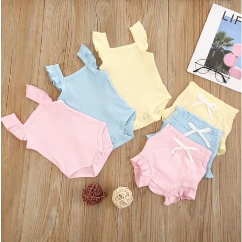 Baby Girl Lace Up Pants Suit Square Neck Short Ruffle Sleeve Romper Loose Flouncing Shorts Summer Casual Babys Sets