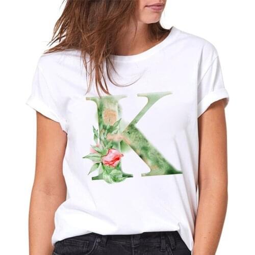 T-shirt Women Summer Flowers K Print 26 Alphabet Ladies Tshirts Harajuku Casual White Female Tee Top Casual Fashion tshirt femme