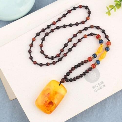 Chinese Yellow Beeswax Water Drop Flowers Gourd Leaves Amber Pendant Necklace Men Women Mala Meditation Jewelry Sweater Chain