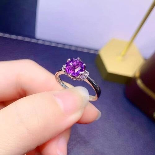 Simple Silver Amethyst Ring for Girl 6mm Natural Amethyst Silver Ring Solid 925 Silver Amethyest Jewelry Gift for Girlfriend
