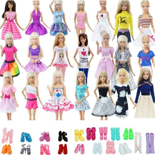 15 Items =Random 5x Blouse Trousers Dress Skirt Outfit + 10x Mixed Style High Heels Shoes Clothes for Barbie Doll Accessories