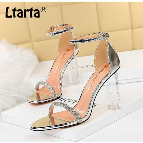 LTARTA Sexy Nightclub Summer High Heels Transparent Heel Super High Heel Suede Rhinestone Word with Open Toe Sandals DS