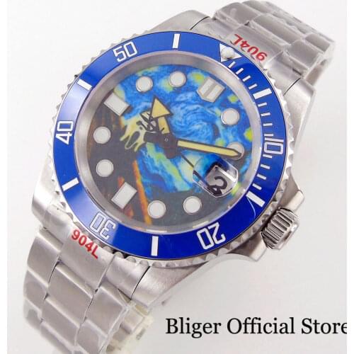 BLIGER Sky Blue Selfwinding Men Watch NH35A Luminous Dial Business Wristwatch Ceramic Insert Brushed Oyster Glide Lock Strap