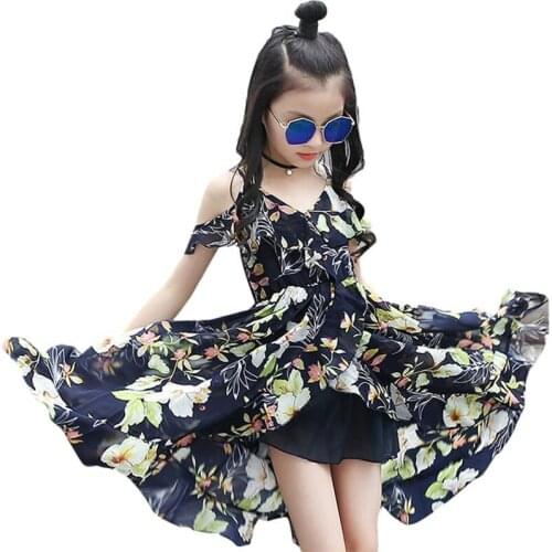 2021 Summer Girls Soft Off Shoulder Dress Childrens Bohemia Style Sleeveless Chiffon Flower Dress Clothes For Girls 12 Years Ol