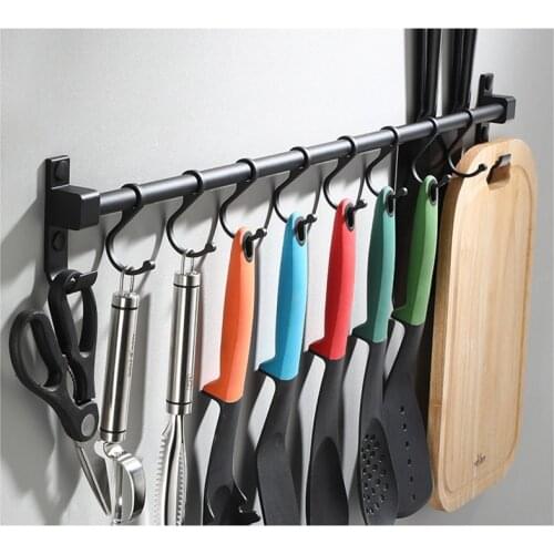 Wall Mounted Space Aluminum Pantry Tool Holder Hanging Rod Stick Single Bar Storage Rack for Kitcen Utensil Tool Sundry Hooks